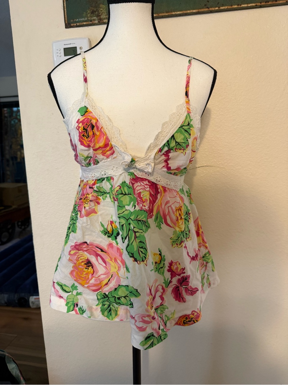 Vtg Betsey Johnson Rose Floral Babydoll Cami Top Lace Trim Coquette Y2K M